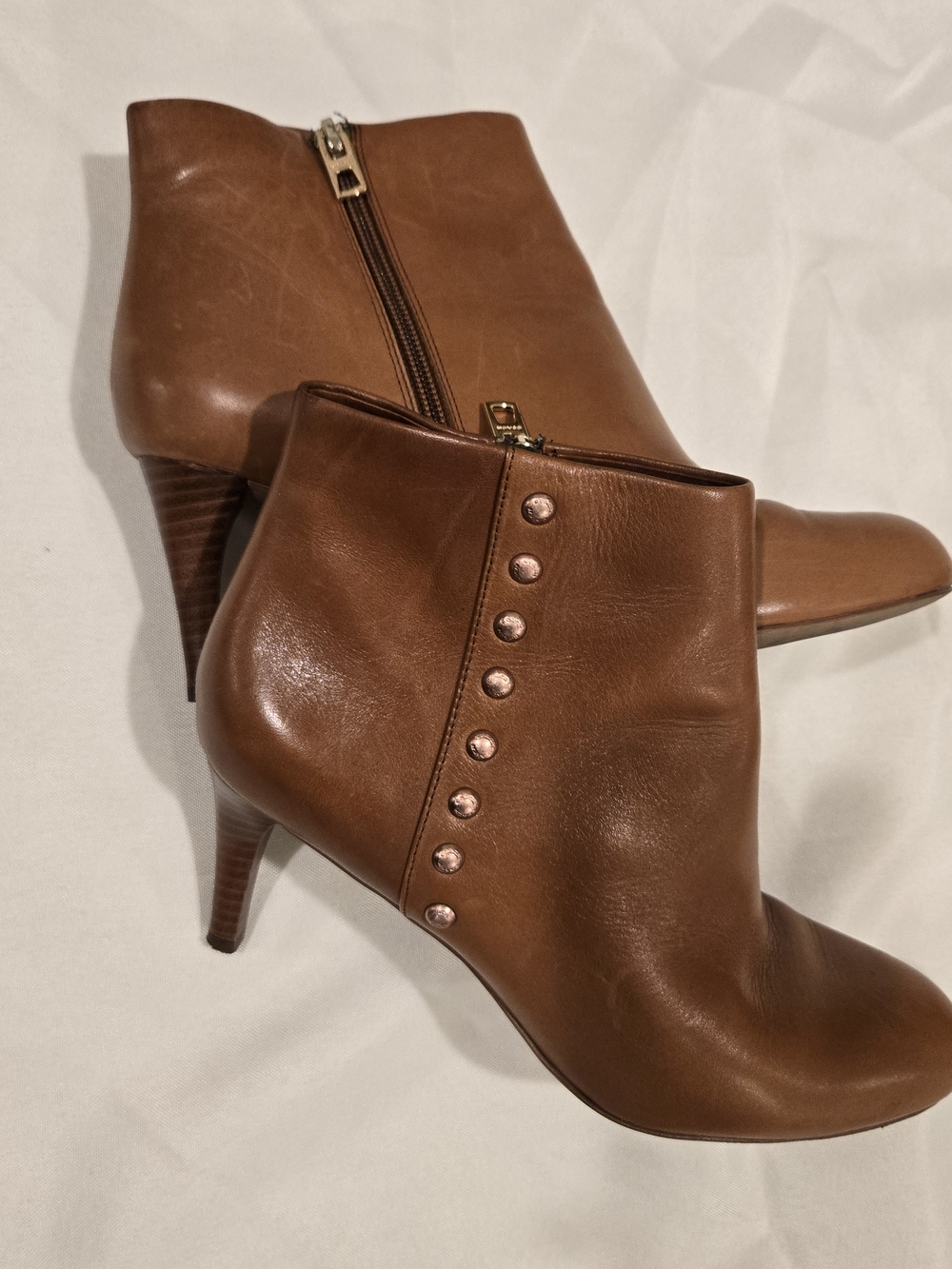Coach Tan Leather Ankle Booties with Side Stud Accents